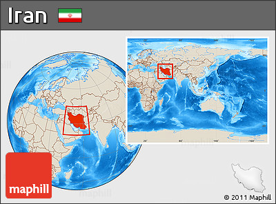 Shaded Relief Location Map of Iran, within the entire continent