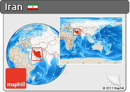 Shaded Relief Location Map of Iran, highlighted continent, within the entire continent