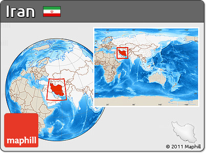 Shaded Relief Location Map of Iran, highlighted continent, within the entire continent