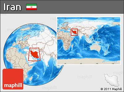 Shaded Relief Location Map of Iran, highlighted continent, within the entire continent