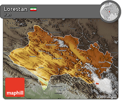 Physical Map of Lorestan, darken, semi-desaturated