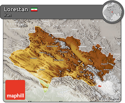 Physical Map of Lorestan, lighten, semi-desaturated