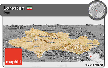 Satellite Panoramic Map of Lorestan, darken, desaturated
