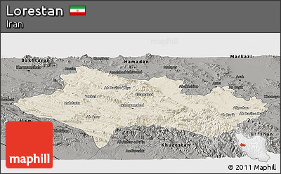 Shaded Relief Panoramic Map of Lorestan, darken, semi-desaturated