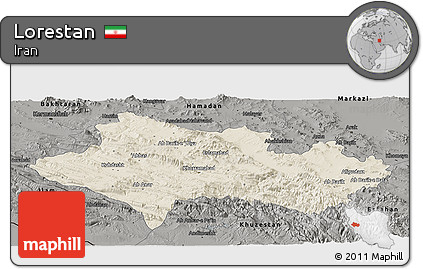 Shaded Relief Panoramic Map of Lorestan, darken, semi-desaturated