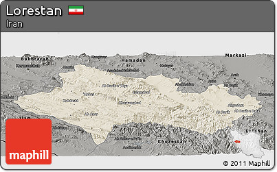 Shaded Relief Panoramic Map of Lorestan, darken, semi-desaturated