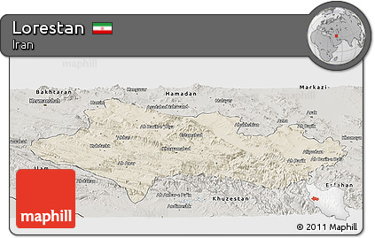 Shaded Relief Panoramic Map of Lorestan, semi-desaturated