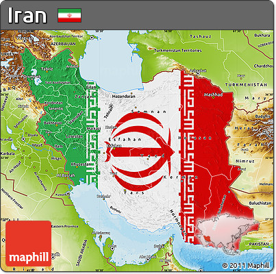 Flag Map of Iran, physical outside, bathymetry sea, flag aligned to the middle