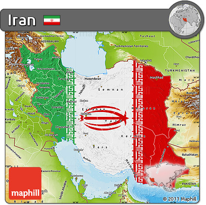 Flag Map of Iran, physical outside, bathymetry sea, flag rotated