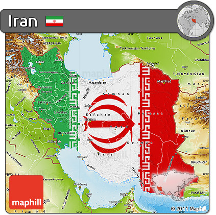 Flag Map of Iran, physical outside, flag aligned to the middle