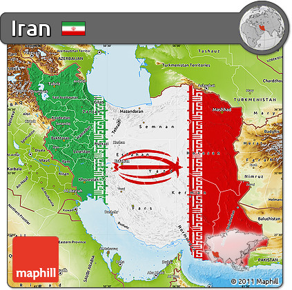 Flag Map of Iran, physical outside, flag rotated