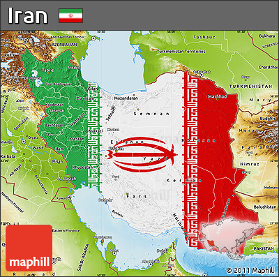 Flag Map of Iran, physical outside, flag rotated