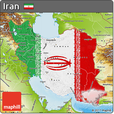 Flag Map of Iran, physical outside, flag rotated