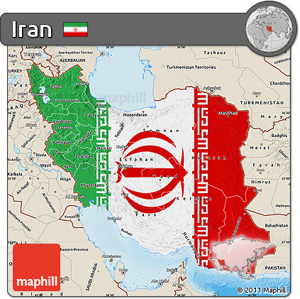 Flag Map of Iran, shaded relief outside, flag aligned to the middle