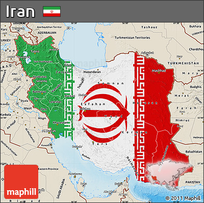 Flag Map of Iran, shaded relief outside, flag aligned to the middle