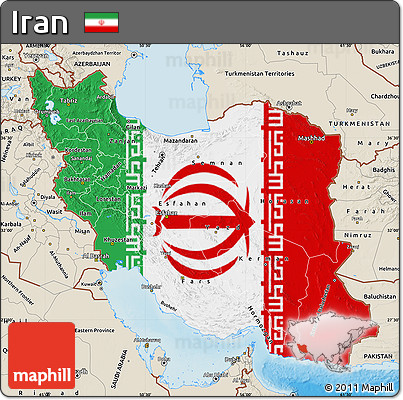 Flag Map of Iran, shaded relief outside, flag aligned to the middle