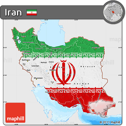Flag Map of Iran, single color outside, bathymetry sea, flag centered