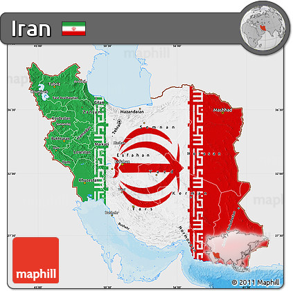 Flag Map of Iran, single color outside, bathymetry sea, shaded relief sea, flag aligned to the middle