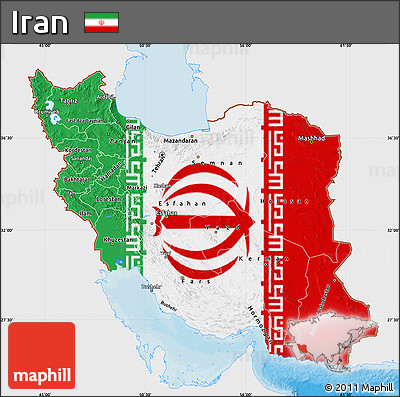 Flag Map of Iran, single color outside, bathymetry sea, shaded relief sea, flag aligned to the middle