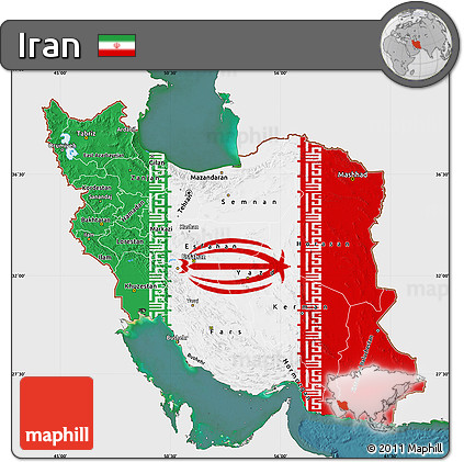 Flag Map of Iran, single color outside, satellite sea, flag rotated