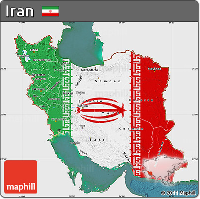 Flag Map of Iran, single color outside, satellite sea, flag rotated