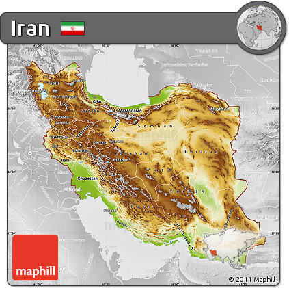 Physical Map of Iran, lighten, desaturated