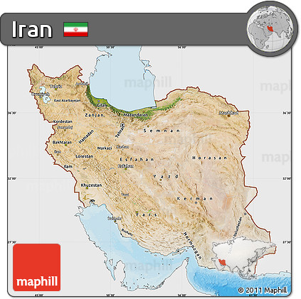 Satellite Map of Iran, single color outside, bathymetry sea, shaded relief sea