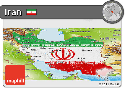 Flag Panoramic Map of Iran, physical outside, bathymetry sea, flag centered