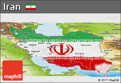 Flag Panoramic Map of Iran, physical outside, bathymetry sea, flag centered