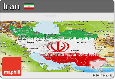 Flag Panoramic Map of Iran, physical outside, bathymetry sea, flag centered