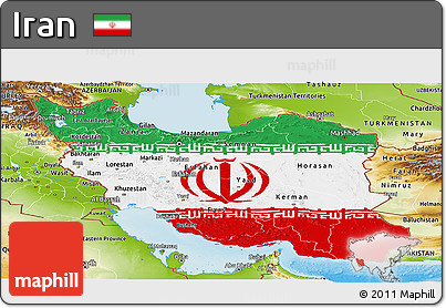 Flag Panoramic Map of Iran, physical outside, flag centered