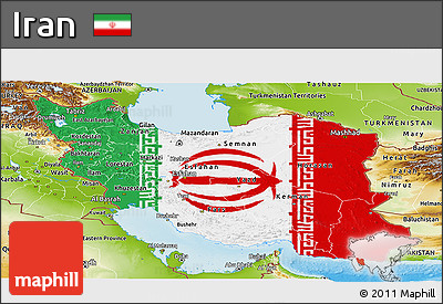Flag Panoramic Map of Iran, physical outside, flag aligned to the middle
