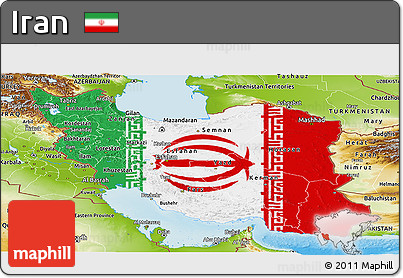 Flag Panoramic Map of Iran, physical outside, flag aligned to the middle