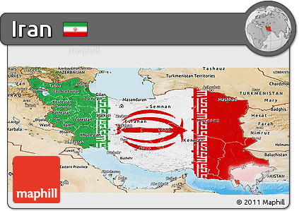 Flag Panoramic Map of Iran, satellite outside, bathymetry sea, flag aligned to the middle