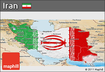 Flag Panoramic Map of Iran, satellite outside, bathymetry sea, flag aligned to the middle