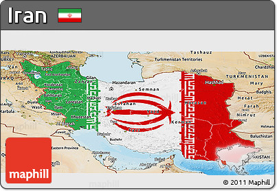 Flag Panoramic Map of Iran, satellite outside, bathymetry sea, flag aligned to the middle