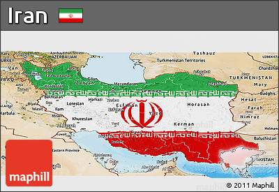 Flag Panoramic Map of Iran, satellite outside, bathymetry sea