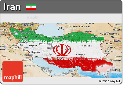 Flag Panoramic Map of Iran, satellite outside, bathymetry sea
