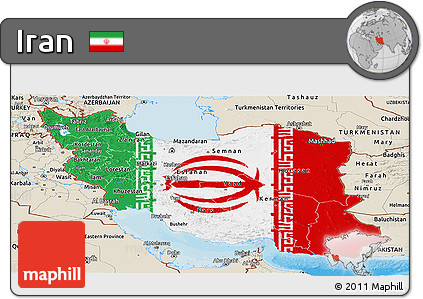 Flag Panoramic Map of Iran, shaded relief outside, bathymetry sea, flag aligned to the middle