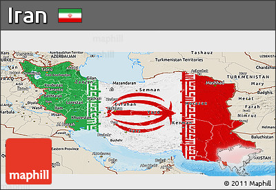 Flag Panoramic Map of Iran, shaded relief outside, bathymetry sea, flag aligned to the middle
