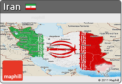 Flag Panoramic Map of Iran, shaded relief outside, bathymetry sea, flag aligned to the middle