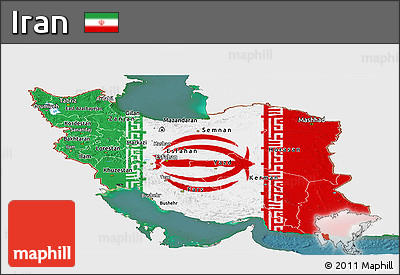 Flag Panoramic Map of Iran, single color outside, satellite sea, flag aligned to the middle