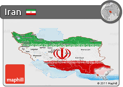 Flag Panoramic Map of Iran, single color outside, shaded relief sea