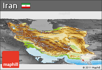 Physical Panoramic Map of Iran, darken, desaturated, land only