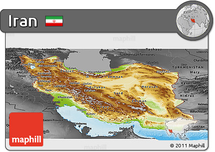 Physical Panoramic Map of Iran, darken, desaturated, land only