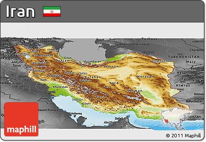 Physical Panoramic Map of Iran, darken, desaturated, land only
