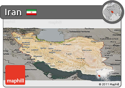 Satellite Panoramic Map of Iran, darken, semi-desaturated