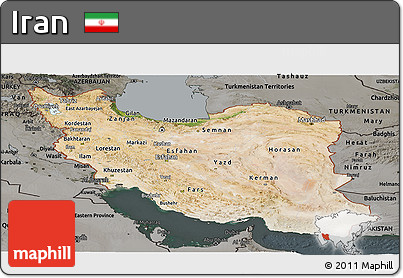 Satellite Panoramic Map of Iran, darken, semi-desaturated