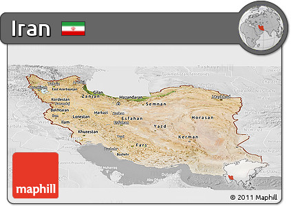 Satellite Panoramic Map of Iran, lighten, desaturated
