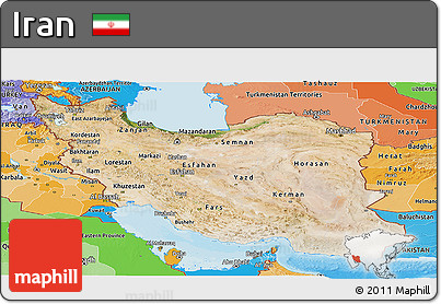 Satellite Panoramic Map of Iran, political shades outside
